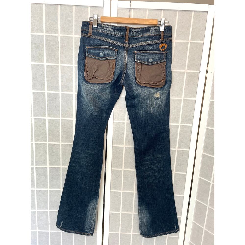 NEW Low Rise Flare Jeans Glad News Japan Indie Sleaze Y2K Grunge Leather Pockets